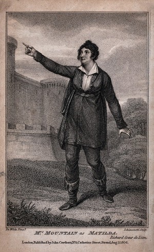 view Rosemund Mountain playing the role of Matilda disguised as a troubadour in the operatic play Richard Coeur de Lion. Engraving by L. Schiavonetti after S. De Wilde.