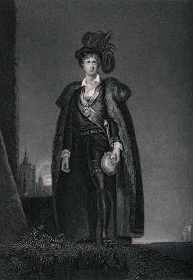 J.P. Kemble in the role of Hamlet, standing on a grassy bank wearing a long cape edged with fur and a large feathered hat on his head; he is holding a skull in his hand. Engraving after Sir Thomas Lawrence.