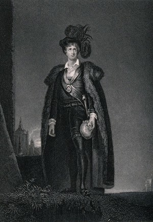 view J.P. Kemble in the role of Hamlet, standing on a grassy bank wearing a long cape edged with fur and a large feathered hat on his head; he is holding a skull in his hand. Engraving after Sir Thomas Lawrence.