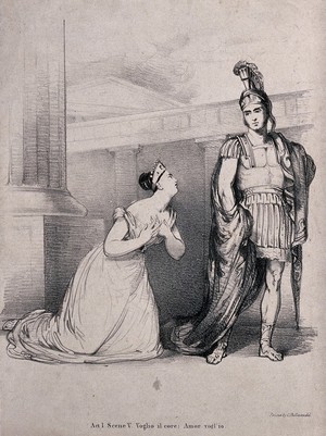 view Giuditta Pasta in the role of Medea and Alberico Curioni in the role of Jason: Medea professes her love for Jason. Lithograph by J. Hayter, 1827.