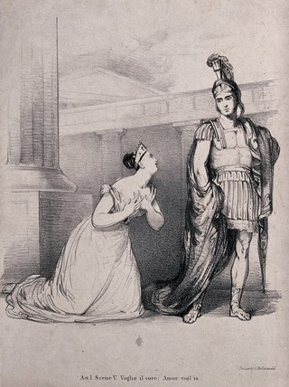 Giuditta Pasta in the role of Medea and Alberico Curioni in the role of Jason: Medea professes her love for Jason. Lithograph by J. Hayter, 1827.