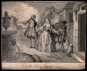 view An episode in the play L'école des femmes by Molière: Horace, standing in a city street, asks Arnulphe (in disguise) to look after Agnès. Engraving by F. Joullain, 1726, after C.A. Coypel.