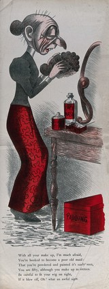 A woman who has lost her hair is standing in front of a mirror with a wig in her hands, there are bottles and potions on the table by her and a box on the floor at her feet. Colour lithograph, 18--.