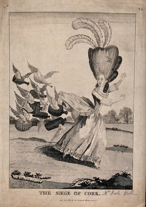 view A woman with a very elaborate hair style and a rump extended with cork armatures is being pursued by winged uncorked bottles. Etching, 1777.