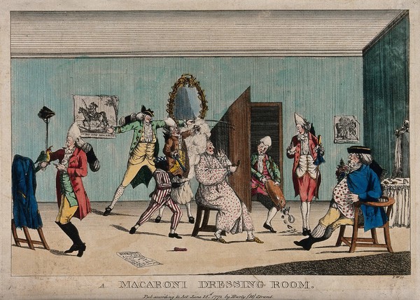 A man in a gown is sitting on a chair in the middle of the room, preparing his dress and very elaborate hair style, with other men in the room. Coloured etching by I.W., 1772, after Captain Minshull.