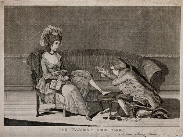 A woman sitting on a sofa with a devotional book in her hand as a shoemaker fits a shoe to her foot. Etching.