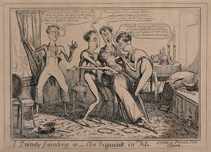 view Dandies at the opera, one of them swooning, overcome with emotion. Etching by I.R. Cruikshank, 1835.