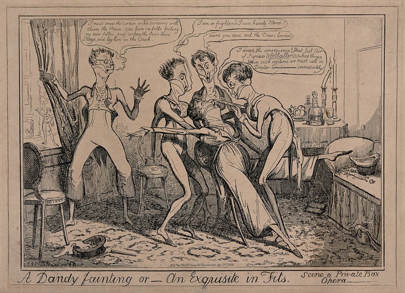 Dandies at the opera, one of them swooning, overcome with emotion. Etching by I.R. Cruikshank, 1835., Augt.1st. 1835, by Isaac Robert Cruikshank