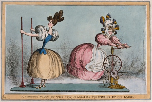 A woman is turning a wheel which is tightening the string around a girl's waist in order to make it smaller. Coloured etching by W. Heath, ca. 1830.