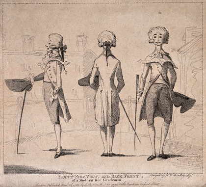 A young man posing in the street with hat and cane: three views. Stipple engraving after H.W. Bunbury.