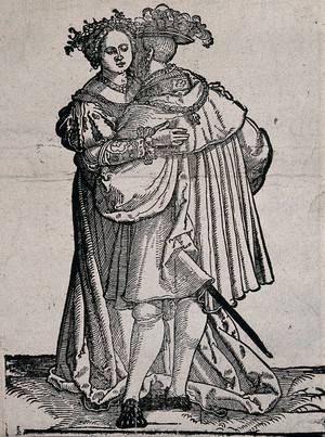 view A couple in fashionable dress. Woodcut by Hans Schäufelein, 15--.