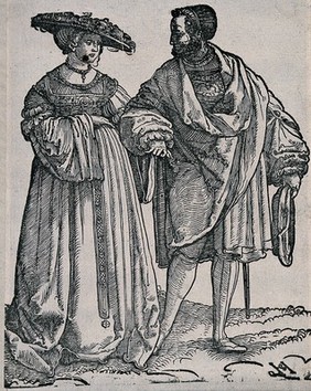 A couple in fashionable dress. Woodcut by Hans Schäufelein, 15--.