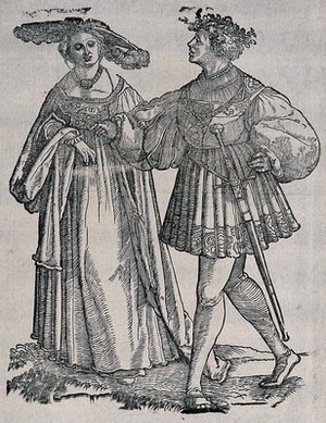 view A couple in fashionable dress. Woodcut by Hans Schäufelein, 15--.