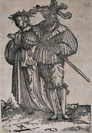 view A couple in fashionable dress. Woodcut by Hans Schäufelein, 15--.
