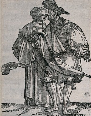 view A couple in fashionable dress. Woodcut by Hans Schäufelein, 15--.