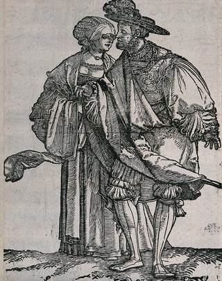 A couple in fashionable dress. Woodcut by Hans Schäufelein, 15--.