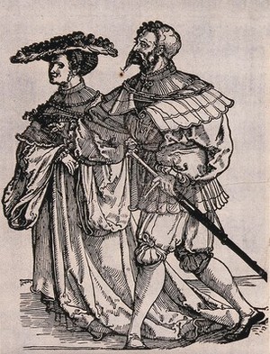 view A couple in fashionable dress. Woodcut by Hans Schäufelein, 15--.