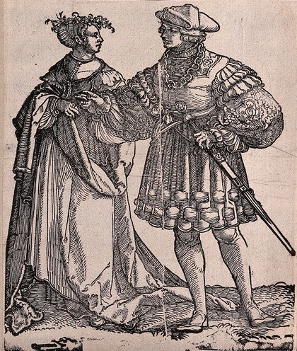 A couple in fashionable dress. Woodcut by Hans Schäufelein, 15--.