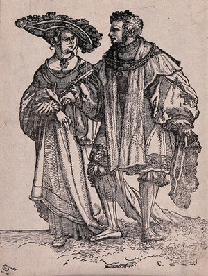 view A couple in fashionable dress. Woodcut by Hans Schäufelein, 15--.