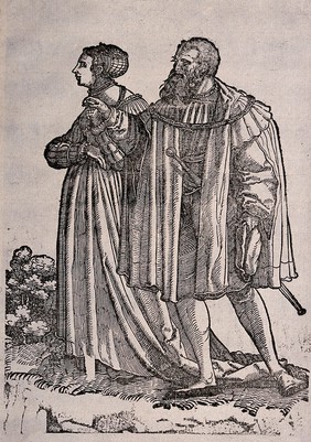 A couple in fashionable dress. Woodcut by Hans Schäufelein, 15--.