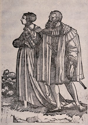 view A couple in fashionable dress. Woodcut by Hans Schäufelein, 15--.