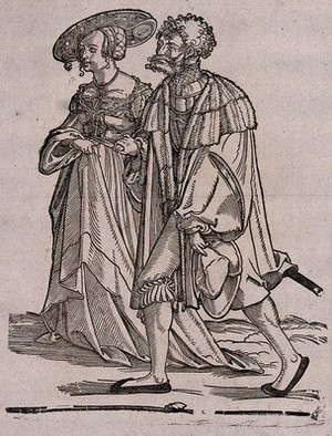 view A couple in fashionable dress. Woodcut by Hans Schäufelein, 15--.