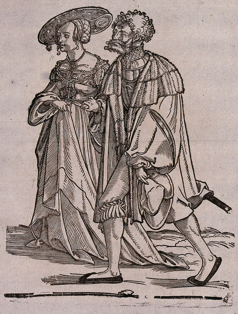 A couple in fashionable dress. Woodcut by Hans Schäufelein, 15--., by Hans Leonhard Schäufelein