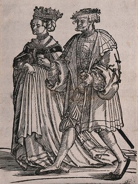 A couple in fashionable dress. Woodcut by Hans Schäufelein, 15--.