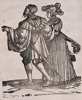 A couple in fashionable dress. Woodcut attributed to H. Schäufelein.