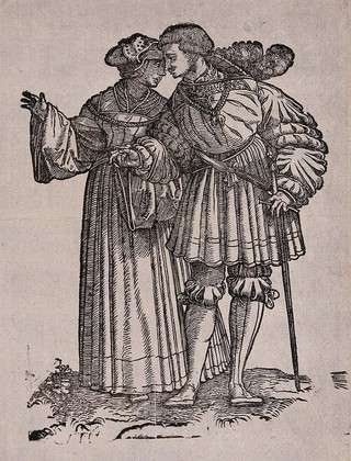 A couple in fashionable dress. Woodcut by Hans Schäufelein, 15--.