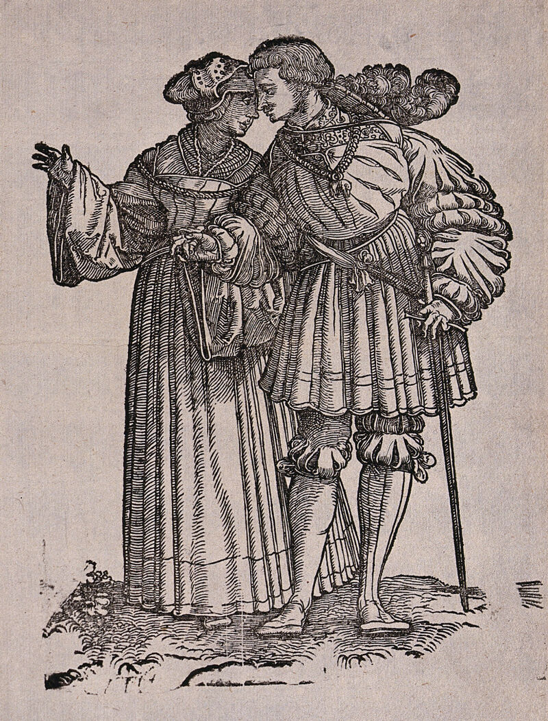 A couple in fashionable dress. Woodcut by Hans Schäufelein, 15--., by Hans Leonhard Schäufelein