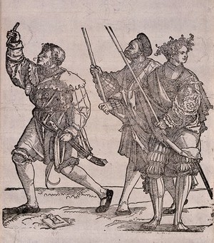 view Three men in costume with staffs in their hands. Woodcut by Hans Schäufelein, 15--.