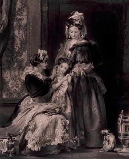 A girl is held by her mother as another woman pierces her ear for an earring. Engraving after D. Wilkie, 1835.