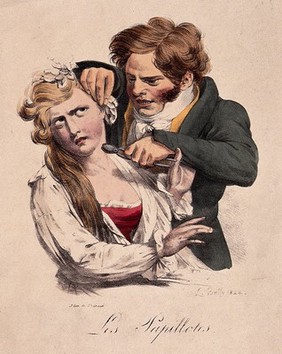 A hairdresser is using curling papers to curl a woman's hair. Coloured lithograph after L. Boilly.