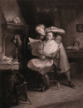 A barber curling a customer's hair with hot tongs is distracted by an item in the newspaper, consequently burning the man's head. Mezzotint by A.M. Huffam, 1827, after M.W. Sharp.