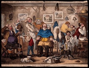 view A barber lathering a man's face, other men trying on wigs. Coloured etching by J. Gillray, 1818, after H.W. Bunbury, 1811.