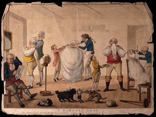 A man is sitting in a barber's shop having his hair combed and crimped, another man is being shaved, others are trying on wigs and tying their cravats. Coloured etching, 1785, after H. Bunbury.