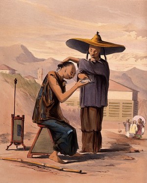 view A man in a wide brimmed conical hat is about to shave his customer. Coloured lithograph after W.R. Snow.