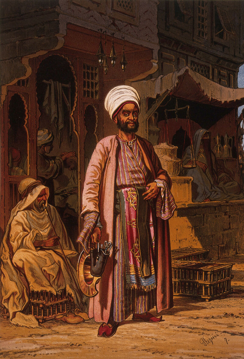 A barber is standing outside his shop in Cairo with the instruments of his trade in his hands. Colour lithograph after Amadeo Preziosi., 1800-1899, by Amedeo Preziosi