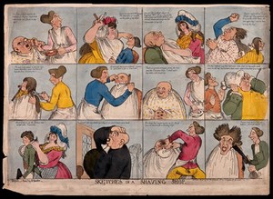 view Men being shaved and having their hair cut, styled and crimped by various male and female barbers. Coloured etching by R. Newton after himself, 1791.