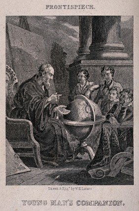 An elderly man is teaching a group of boys the geography of the world from a globe. Engraving by W.H. Lizars after himself.