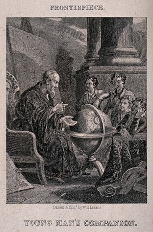 view An elderly man is teaching a group of boys the geography of the world from a globe. Engraving by W.H. Lizars after himself.