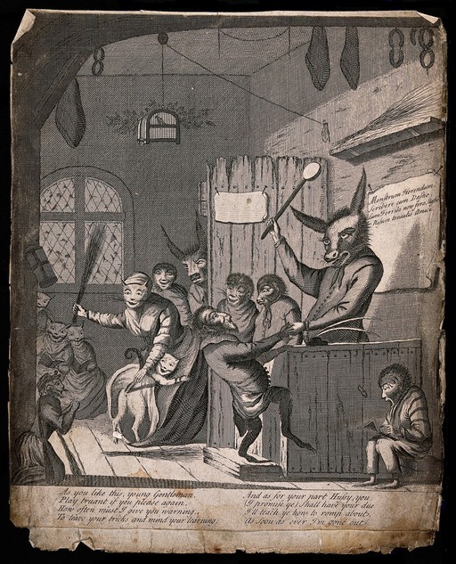 A schoolroom with animals as teachers and pupils. Engraving.