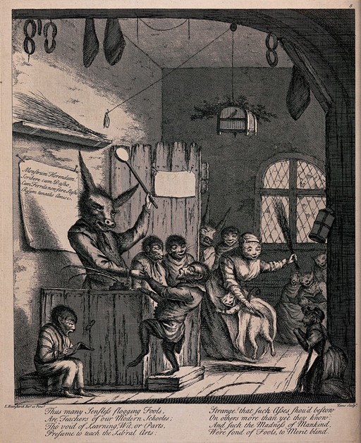 A schoolroom with animals as teachers and pupils. Engraving by Toms after E. Heemskerck.