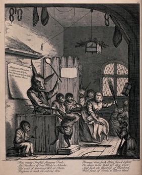 A schoolroom with animals as teachers and pupils. Engraving by W.H. Toms after E. van Heemskerck.