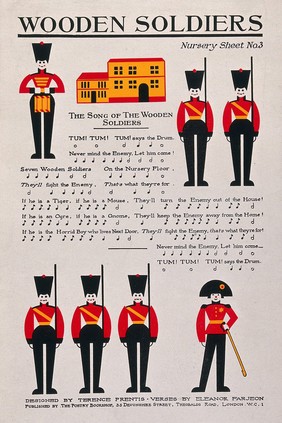 Six soldiers and a captain on a song sheet for children. Colour line block with letterpress after T. Prentis and E. Farjeon.