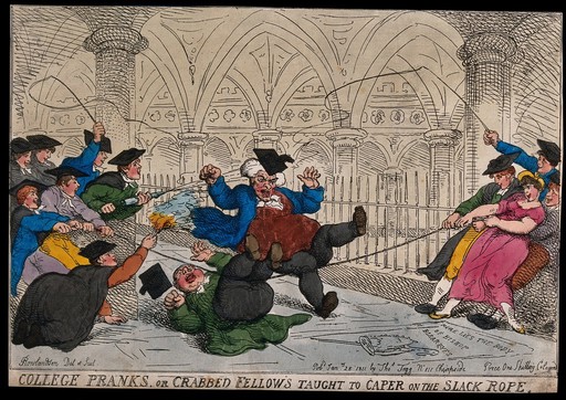 Two school masters are brought to the ground by a rope pulled across their path by pupils on each side of the corridor. Coloured etching by Thomas Rowlandson after himself.