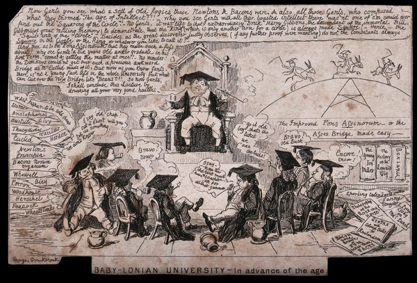 A student lecturing to other students in a parody of an academic lecture. Etching by George Cruikshank.