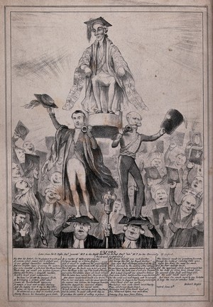 view A man in a gown and a mortar board is seated on a chair, carried above the heads of the crowd by men who are in turn standing on the heads of men also wearing academic dress. Lithograph.