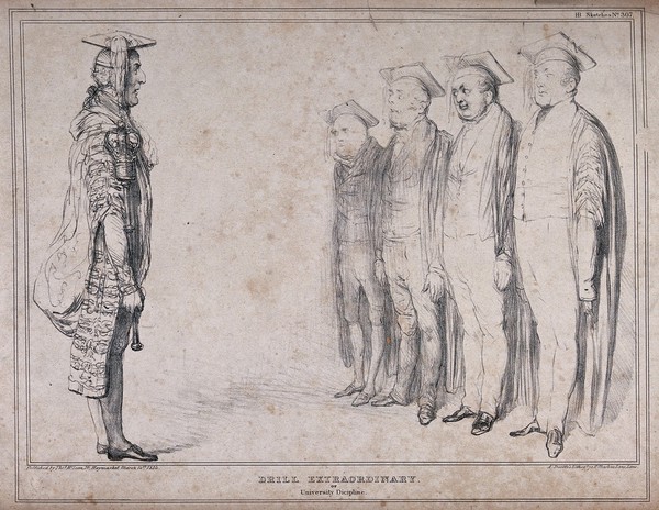 The Duke of Wellington as Chancellor of Oxford University, wearing academic robes and carrying a mace, instructs his Tory supporters portrayed as academics in gowns and mortar boards. Lithograph by John Doyle, 1834.
